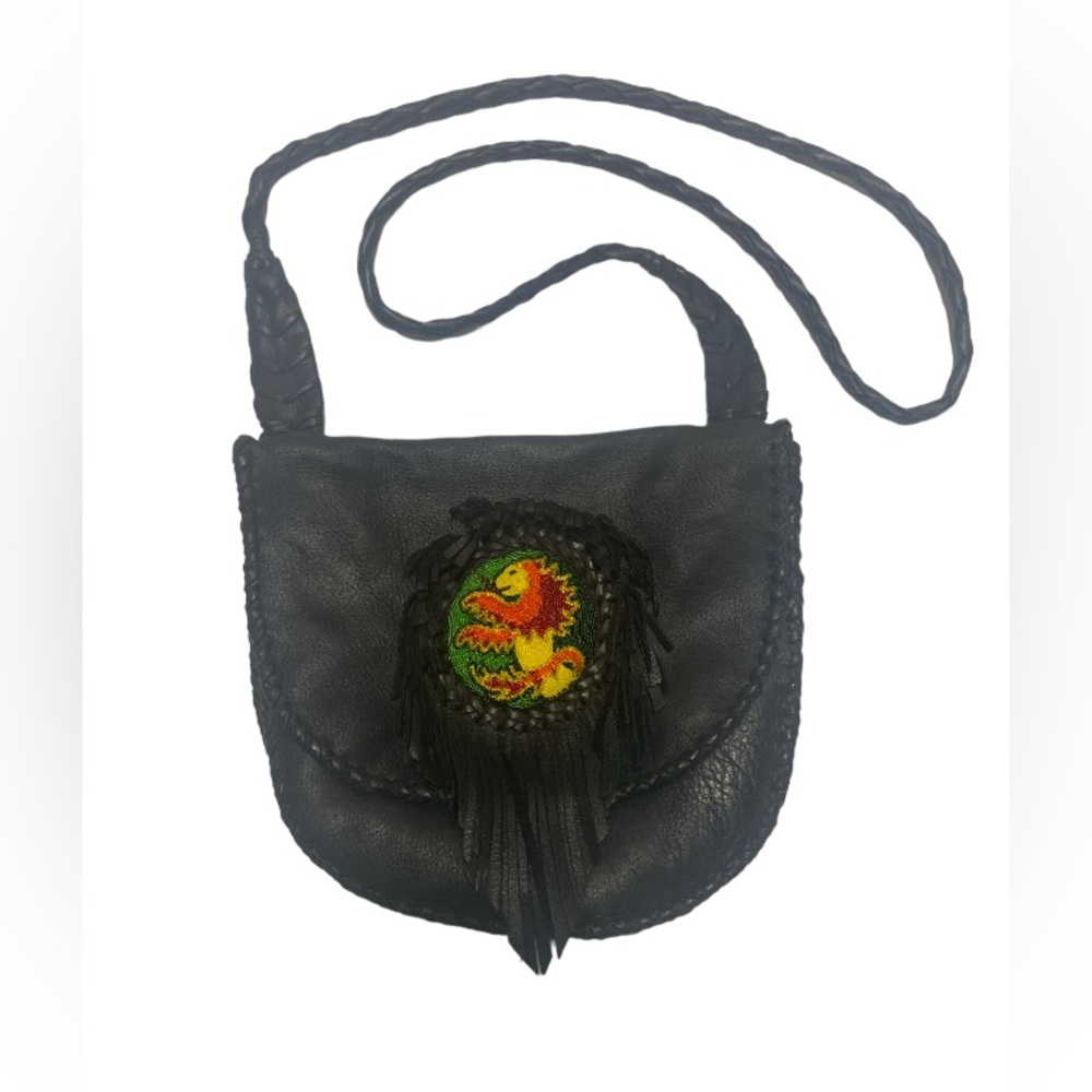 Artisanal Dragon Emblem with Fringe Leather Crossbody